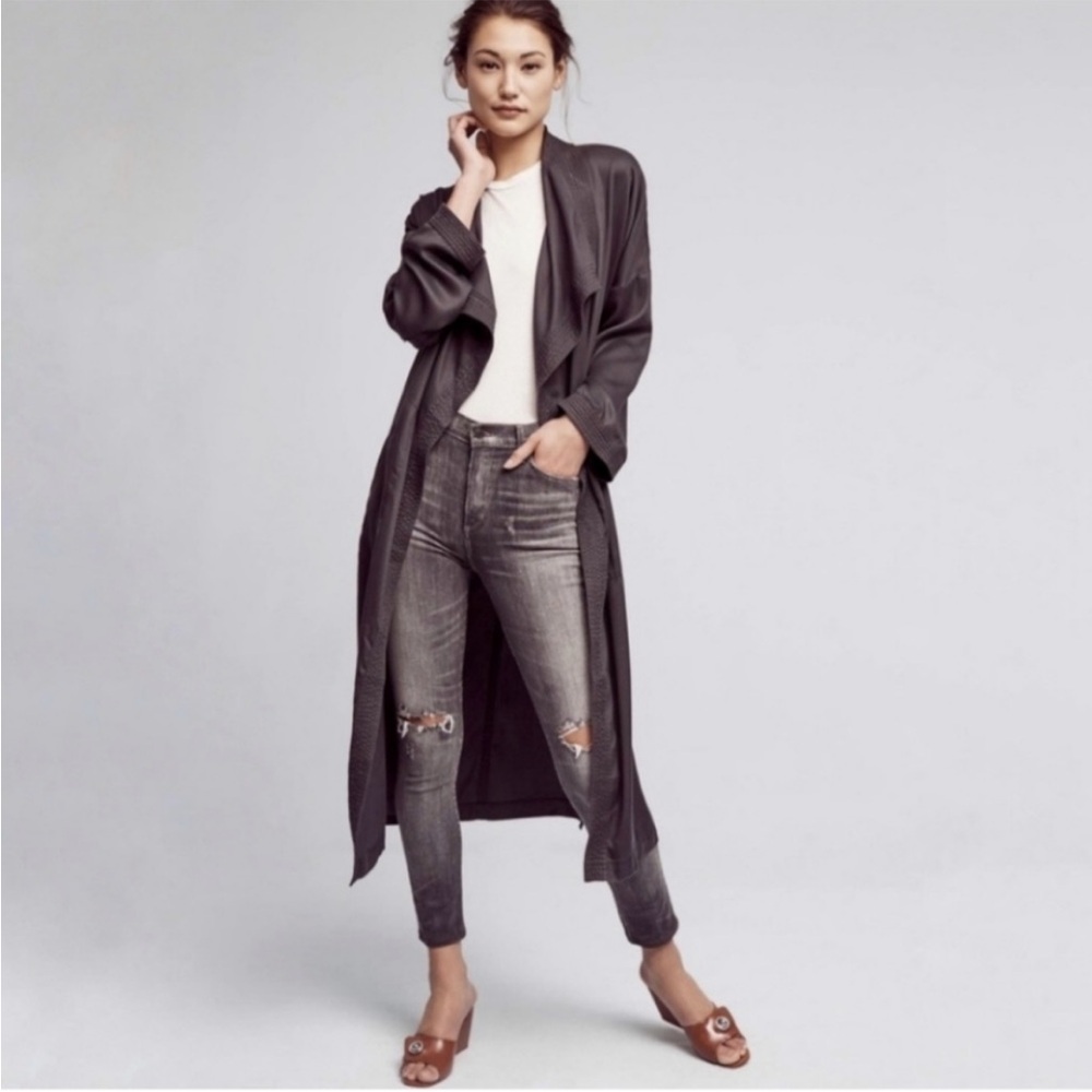 Long Open-Front Trench Coat in Charcoal Gray from Anthropologie